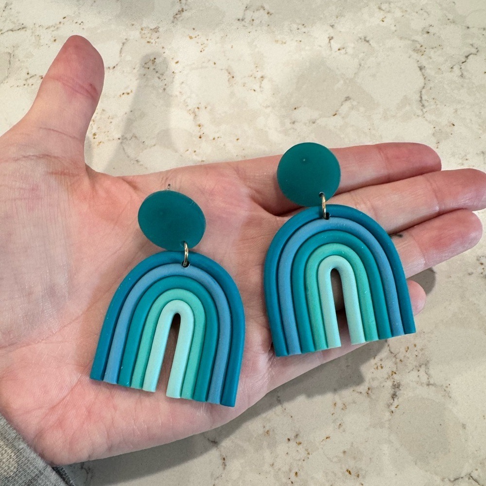 Teal Blue Feminine Colorful Rainbow Statement Earrings Boho Polymer Clay Dangle
